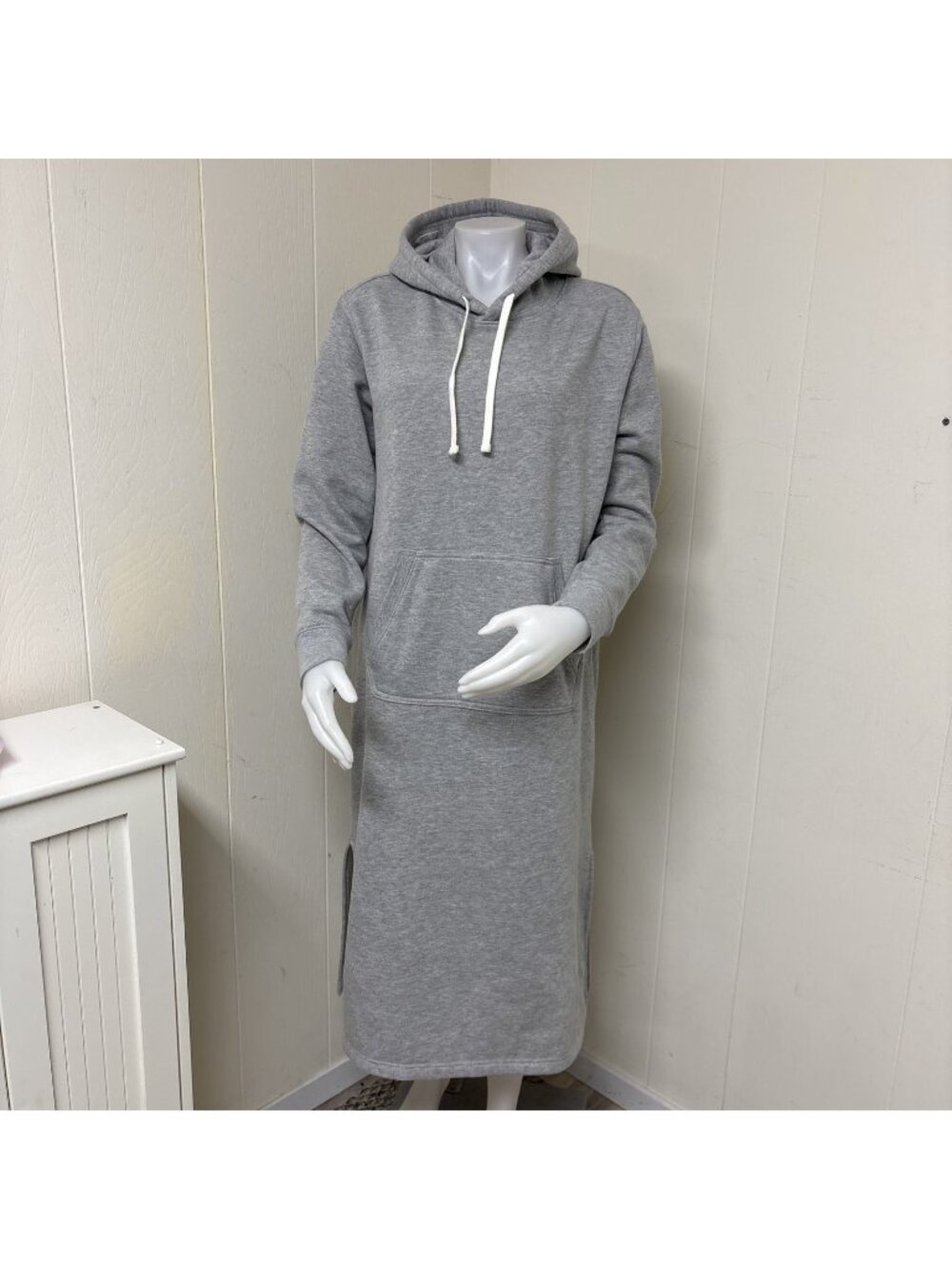 Lands End Hooded Lounger Dress Womens M Gray Fleece Long Sleeve Sweatshirt